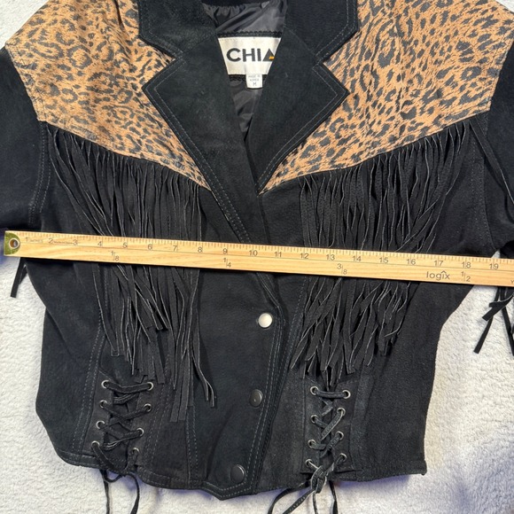Vintage 80s CHIA Womens Black Suede Leopard Print Fringe Lace Up Jacket M - Picture 8 of 9